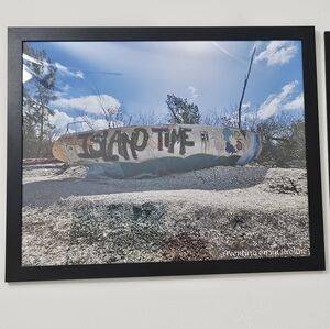 20x16 Coastal Graffiti Boat Photo Print in Black Frame - Blue & White